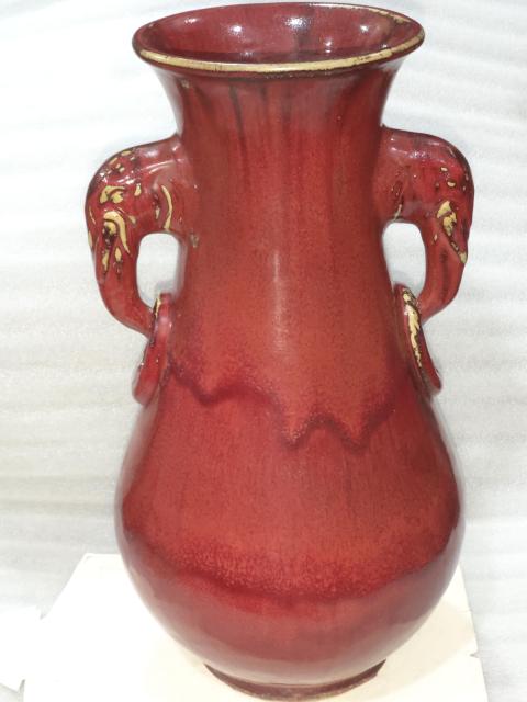 古玩陶瓷窯變紅釉雙象鼻耳尊拍賣,當前價格1880元