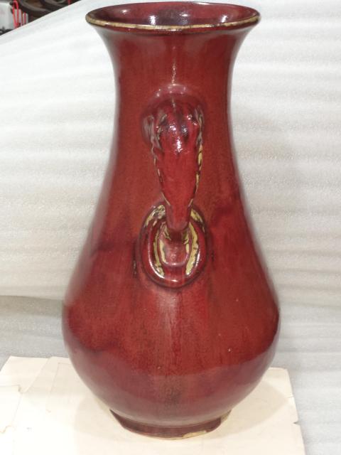 古玩陶瓷窯變紅釉雙象鼻耳尊拍賣,當前價格1880元