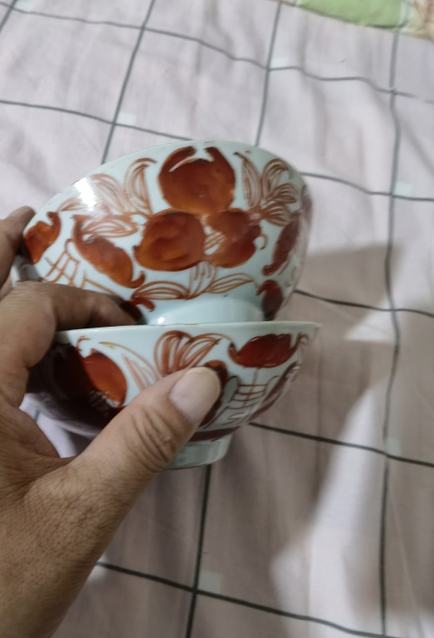 古玩陶瓷清末礬紅三多紋碗拍賣，當前價格480元