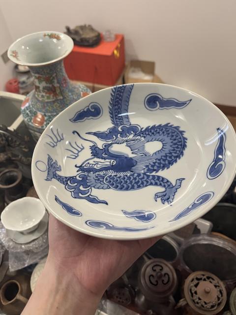 古玩陶瓷過墻龍紋青花盤拍賣,當前價格255元