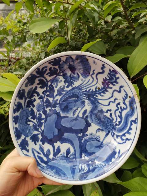 古玩陶瓷【8329】明末清初 青花鳳求凰深腹盤拍賣,當前價格12000元
