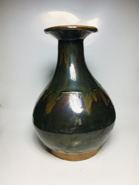 古玩陶瓷收藏佳品窯變褐釉弦紋盤口瓶拍賣，當前價格1288元