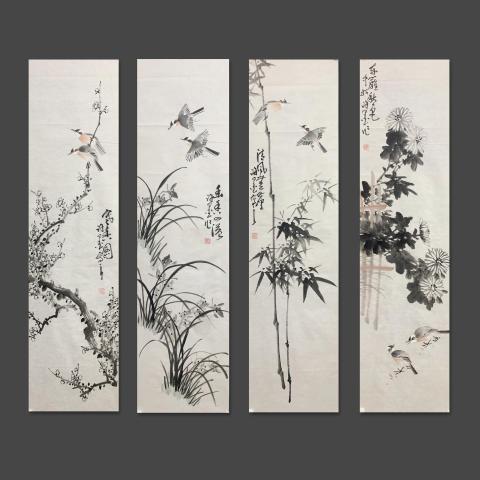 古玩字畫花鳥畫家許墨梅蘭竹菊四君子四條屏拍賣,當前價格1200元