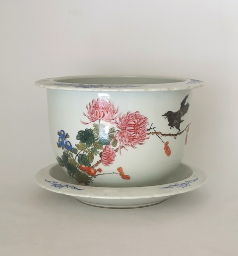 古玩陶瓷民國 洋彩花鳥花卉紋花盆拍賣,當前價格20000元