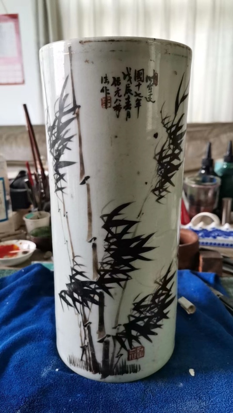 古玩陶瓷民國十七年墨彩竹紋帶詩文帽筒拍賣,當前價格3500元