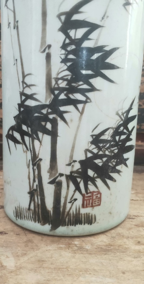 古玩陶瓷民國十七年墨彩竹紋帶詩文帽筒拍賣,當前價格3500元