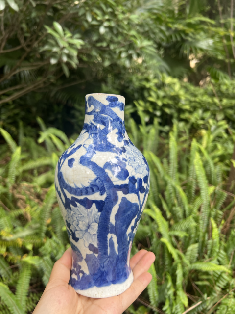 古玩陶瓷清中晚期哥釉青花鳳凰牡丹花紋瓶拍賣,當(dāng)前價格858元