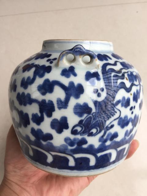 古玩陶瓷青花金魚藻紋提梁壺拍賣，當前價格900元