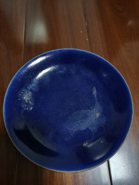 古玩陶瓷清乾隆霽藍釉描金瓜蝶連綿盤拍賣，當前價格5000元