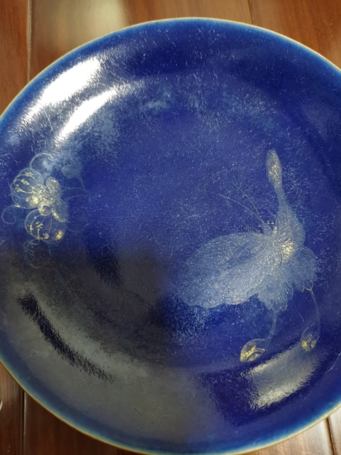 古玩陶瓷清乾隆霽藍釉描金瓜蝶連綿盤拍賣，當前價格5000元