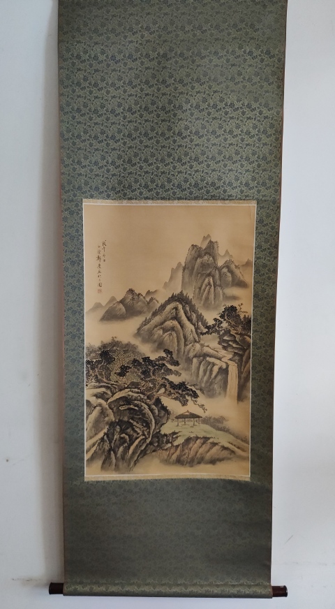 古玩字畫清末民初紹興山陰鄭慶觀瀑圖原裝舊裱立軸拍賣，當前價格2000元