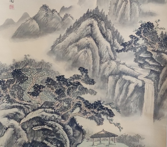 古玩字畫清末民初紹興山陰鄭慶觀瀑圖原裝舊裱立軸拍賣，當前價格2000元