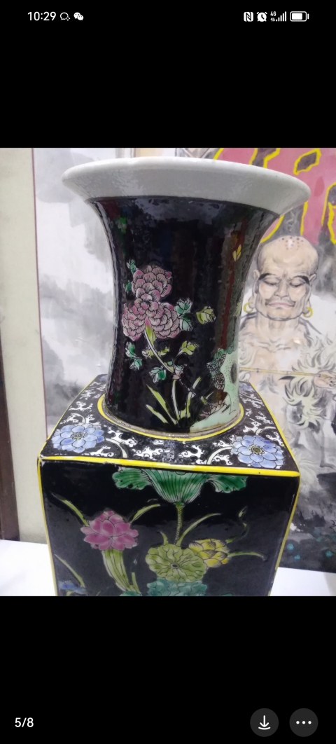 古玩陶瓷晚清民國花鳥蝶紋天圓地方瓶拍賣，當前價格3500元