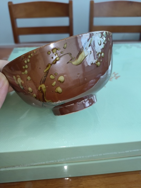 古玩陶瓷清代，紫金釉彩繪花鳥紋墩式碗拍賣，當前價格260元