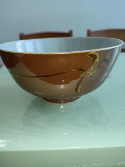 古玩陶瓷清代，紫金釉彩繪花鳥紋墩式碗拍賣，當前價格260元