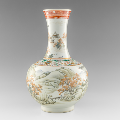 域鉴古玩】【名家余焕文制】1895年清光绪21年粉彩山水风景图赏瓶