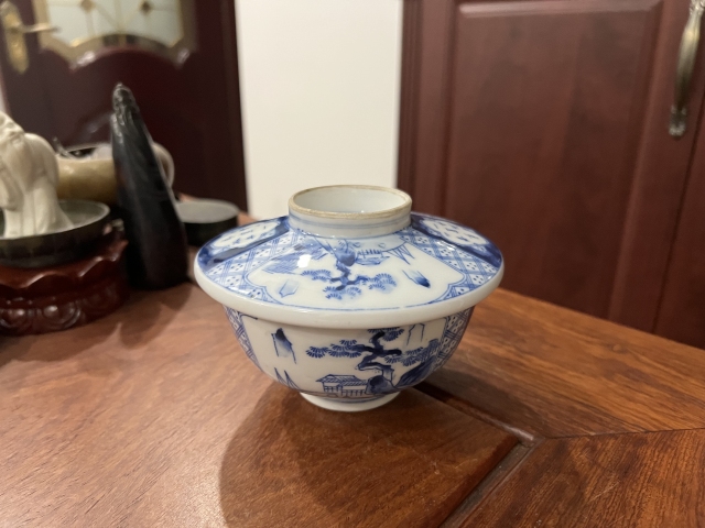 古玩陶瓷民國青花山水蓋碗拍賣，當前價格299元