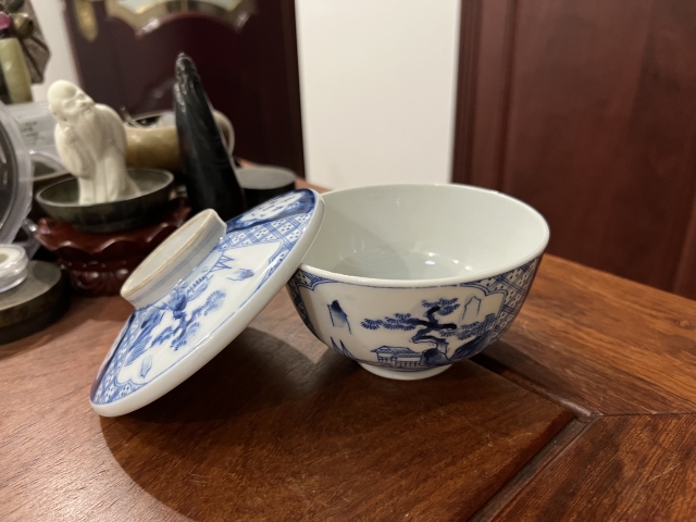 古玩陶瓷民國青花山水蓋碗拍賣，當前價格299元