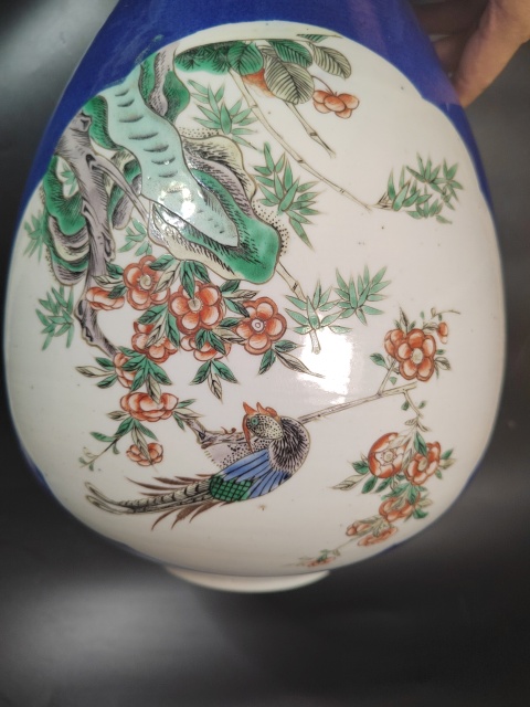 古玩陶瓷灑藍釉開光五彩花鳥紋蓋罐拍賣，當前價格29999元