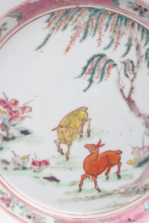 古玩陶瓷【8341】清雍正  粉彩柳下雙鹿圖盤拍賣，當(dāng)前價(jià)格6800元