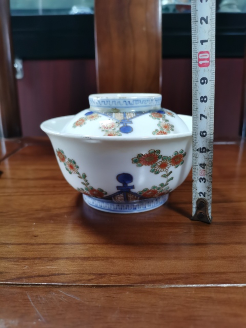 古玩陶瓷【有贈品】晚清民國青花加彩描金蓋碗拍賣,當前價格390元
