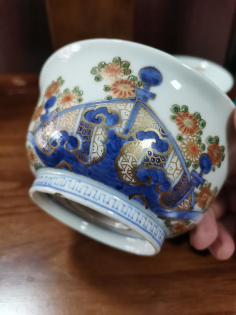 古玩陶瓷【有贈品】晚清民國青花加彩描金蓋碗拍賣,當前價格390元