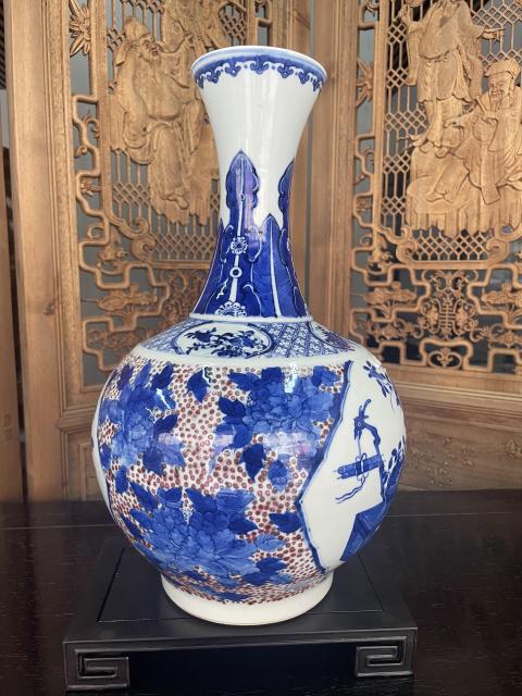 古玩陶瓷青花釉里紅花卉天球瓶拍賣，當前價格55000元