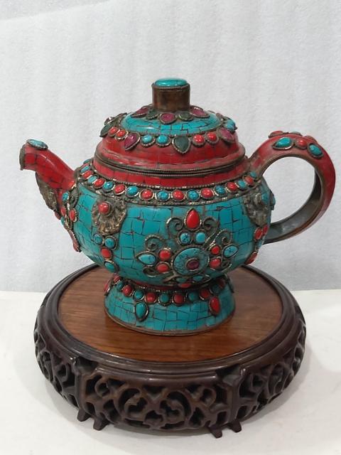 古玩雜項銅鑲嵌寶石酥油茶壺拍賣，當前價格2280元