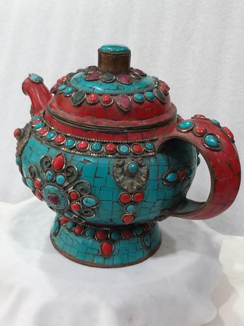 古玩雜項銅鑲嵌寶石酥油茶壺拍賣，當前價格2280元