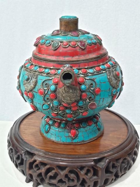 古玩雜項銅鑲嵌寶石酥油茶壺拍賣，當前價格2280元