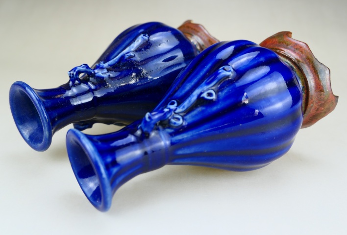 古玩陶瓷民國.霽藍釉瓜棱型雙耳連坐瓶一對拍賣，當前價格3888元