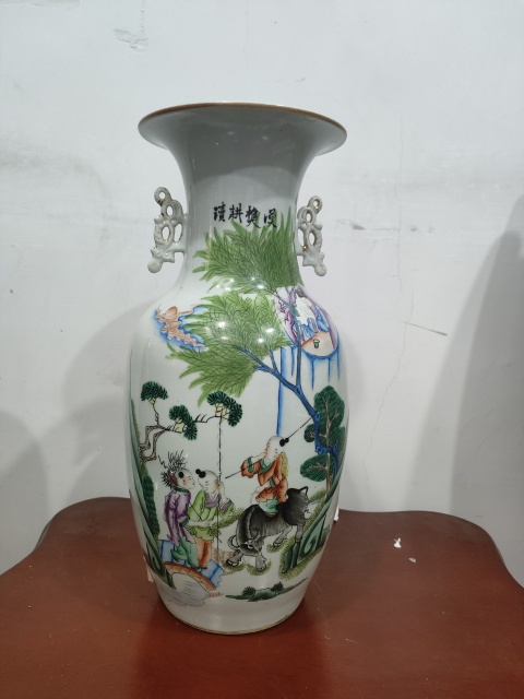 古玩陶瓷粉彩漁樵耕讀圖嫁妝瓶拍賣,當前價格3800元