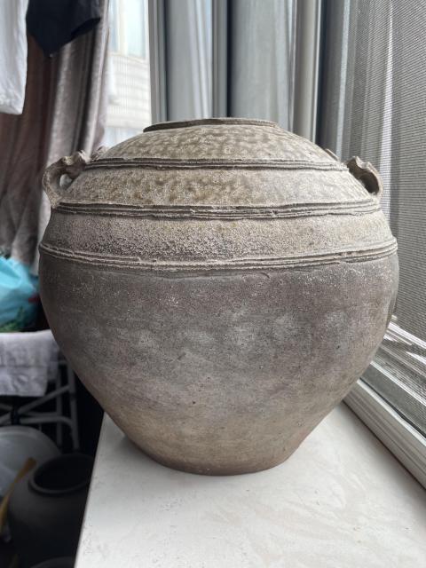 古玩陶瓷漢代釉陶弦紋羊耳蓋罐拍賣，當前價格3000元