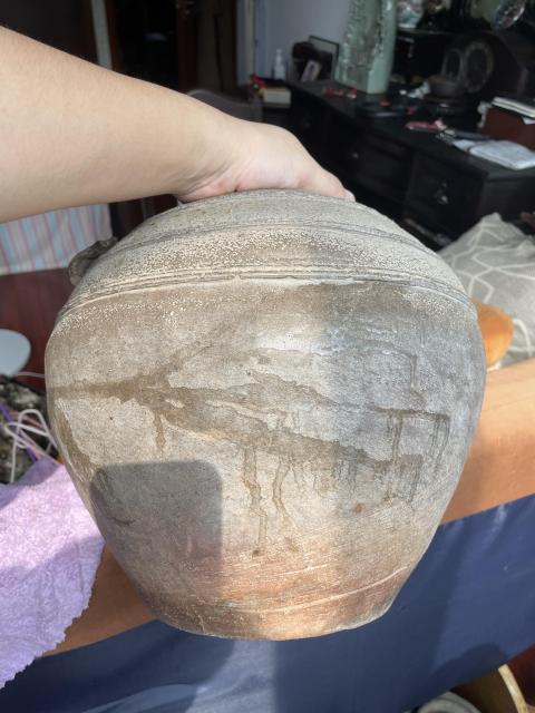 古玩陶瓷漢代釉陶弦紋羊耳蓋罐拍賣，當前價格3000元