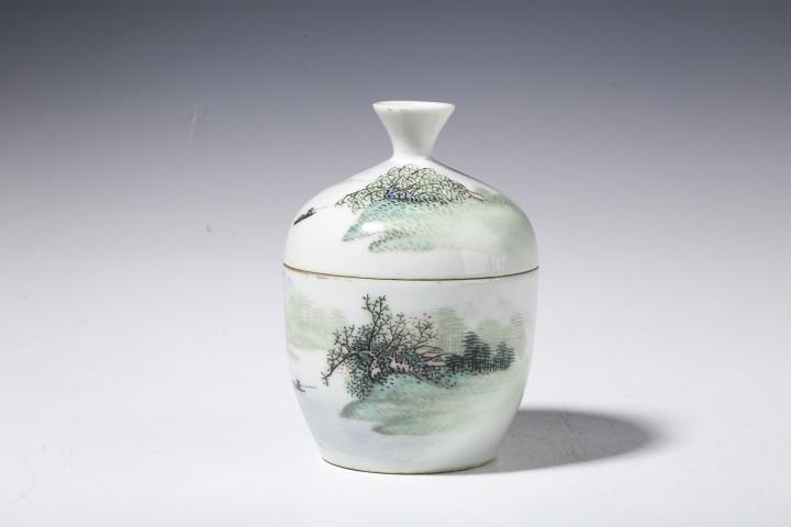 古玩陶瓷民國·淺絳彩山水紋蓋缸真品鑒賞圖