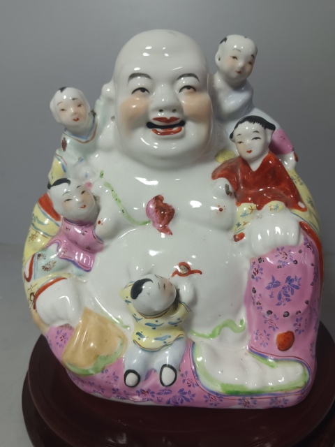 古玩陶瓷粉彩五子登科彌勒佛像拍賣，當(dāng)前價(jià)格368元