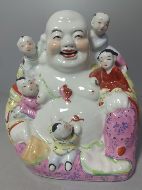 古玩陶瓷粉彩五子登科彌勒佛像拍賣，當(dāng)前價(jià)格368元