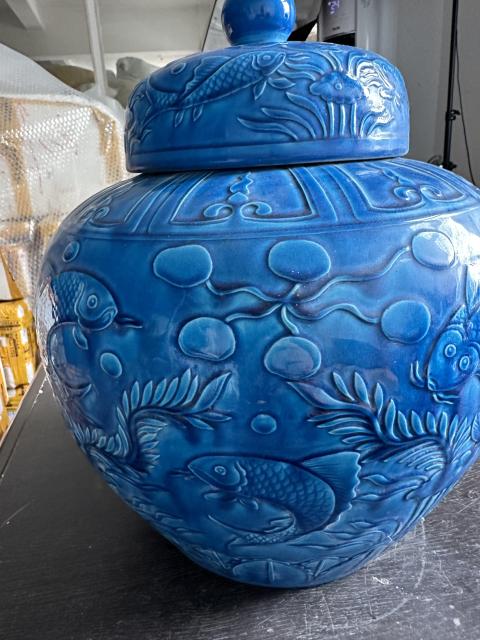 古玩陶瓷孔雀藍(lán)釉堆塑魚藻紋蓋罐拍賣，當(dāng)前價(jià)格680元