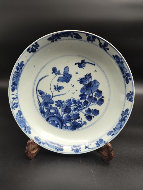 古玩陶瓷外紫金釉內青花花鳥盤拍賣，當前價格2980元