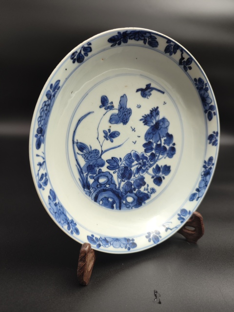 古玩陶瓷外紫金釉內青花花鳥盤拍賣，當前價格2980元