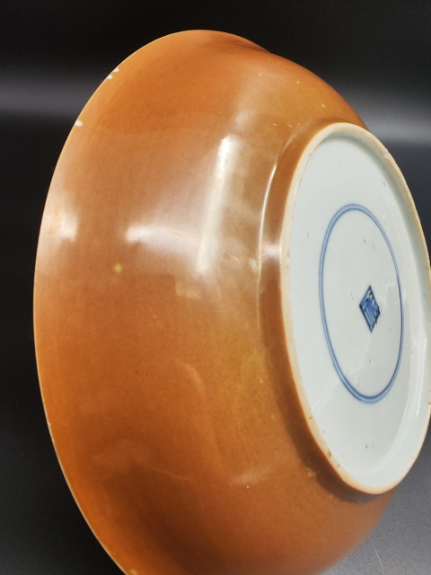 古玩陶瓷外紫金釉內青花花鳥盤拍賣，當前價格2980元