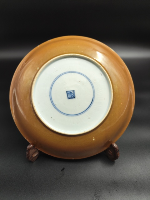 古玩陶瓷外紫金釉內青花花鳥盤拍賣，當前價格2980元