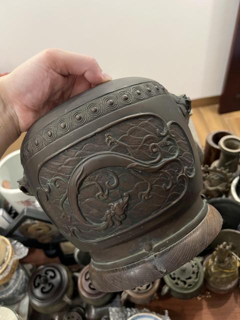 古玩雜項（帶保真卡）民國獅耳龍紋銅缸拍賣，當(dāng)前價格1555元