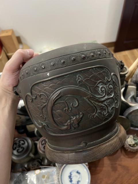 古玩雜項（帶保真卡）民國獅耳龍紋銅缸拍賣，當(dāng)前價格1555元