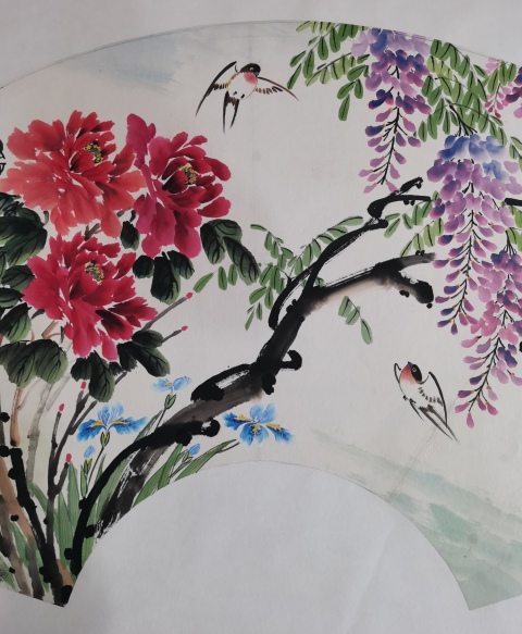 古玩字畫范揚入室弟子中美協會員余天坦大扇面紫氣東來拍賣,當前價格499元