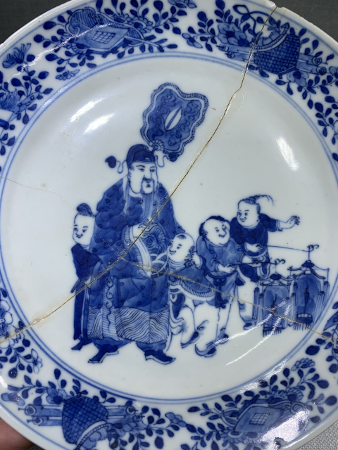 古玩陶瓷清同治青花迎財神圖折沿盤拍賣，當前價格588元