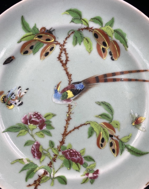 古玩陶瓷豆青釉廣彩花鳥紋折沿盤拍賣，當前價格2300元