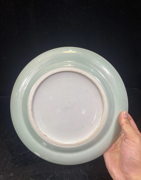 古玩陶瓷豆青釉廣彩花鳥紋折沿盤拍賣，當前價格2300元
