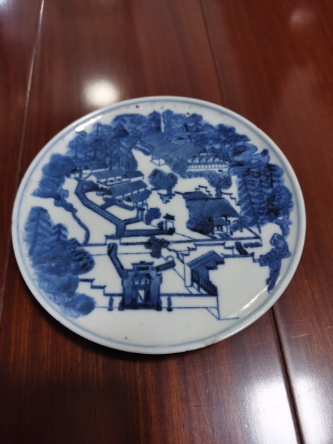 古玩陶瓷創匯期青花庭院盤拍賣,當前價格150元