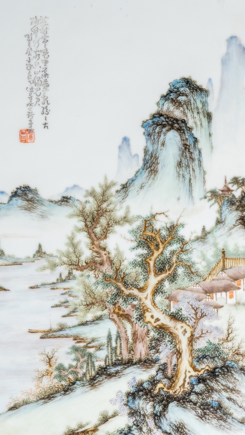 中国古美術 磁器板 瓷板画 民国 珠山八友 汪野亭 粉彩